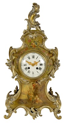 Lot 815 - A LATE 19TH CENTURY FRENCH LACQUERED AND BRASS MOUNTED MANTEL CLOCK