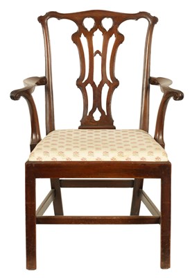 Lot 1243 - A GEORGE III MAHOGANY CHIPPENDALE STYLE OPEN ARMCHAIR