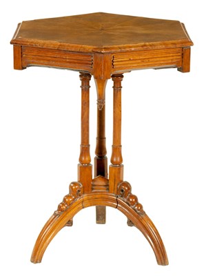 Lot 897 - A MID 19TH CENTURY BURR OAK GOTHIC STYLE HEXAGONAL OCCASIONAL TABLE