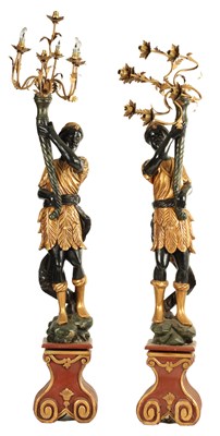 Lot 1055 - A PAIR OF 20TH CENTURY CARVED POLYCHROME BLACKAMOOR CARVED CANDELABRA