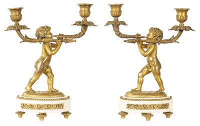 Lot 495 - A PAIR OF 19TH CENTURY FRENCH ORMOLU AND WHITE MARBLE FIGURAL CANDELABRA