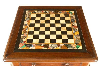 Lot 918 - A MID 19TH CENTURY DERBYSHIRE SPECIMEN MARBLE TOP MAHOGANY GAMES TABLE IN THE MANNER OF GILLOWS