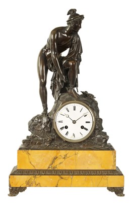 Lot 814 - A MID 19TH CENTURY FIGURAL BRONZE AND SIENNA MARBLE MANTEL CLOCK