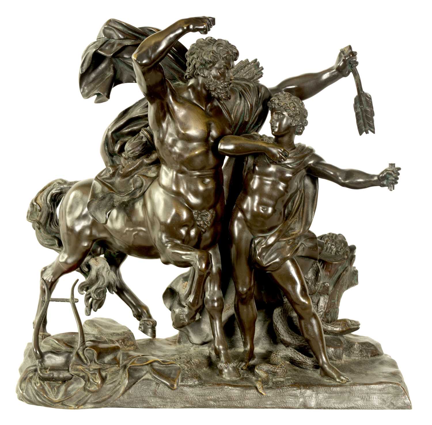 Lot 390 - A 19TH CENTURY FRENCH BRONZE GROUP ‘EDUCATION OF ACHILLES BY THE CENTAUR CHIRON’