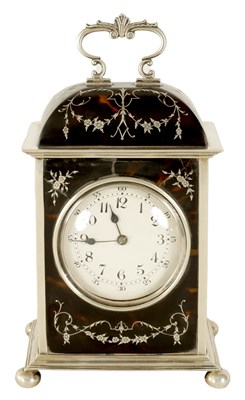 Lot 693 - AN EARLY 20TH CENTURY SILVER AND TORTOISESHELL CARRIAGE CLOCK