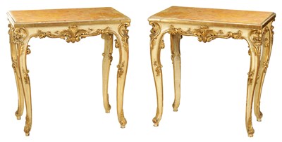 Lot 937 - A PAIR OF 18TH CENTURY CONTINENTAL PAINTED AND GILT HIGHLIGHTED PIER TABLES