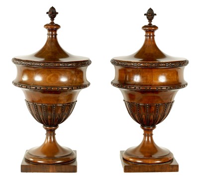 Lot 571 - A FINE PAIR OF LATE 19TH CENTURY MAHOGANY LIDDED URNS