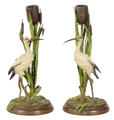 Lot 526 - ATT. TO FRANZ BERGMAN. A PAIR OF LATE 19TH CENTURY AUSTRIAN COLD PAINTED BRONZE CANDLESTICKS