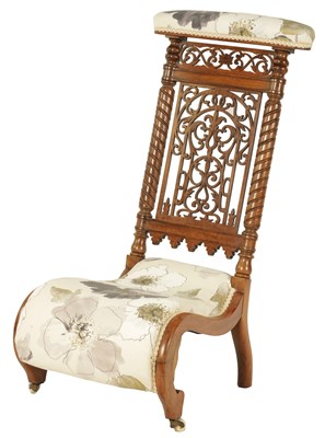 Lot 1120 - A 19TH CENTURY FIGURED ROSEWOOD PRAYER CHAIR