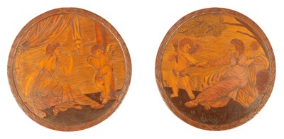 Lot 461 - A PAIR OF GEORGE III MARQUETRY ROUNDEL WALL PLAQUES