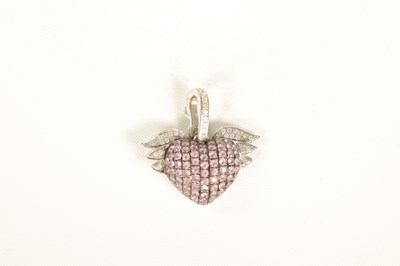 Lot 224 - AN 18CT WHITE GOLD DIAMOND AND TOURMALINE WINGED HEART PENDANT ON 14CT WHITE GOLD CHAIN