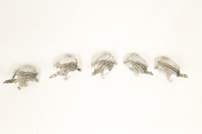 Lot 325 - A SET OF FIVE EARLY 20TH CENTURY NOVELTY SILVER PLACE MARKERS