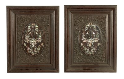 Lot 108 - A PAIR OF 18TH/19TH CENTURY CHINESE CARVED HARDWOOD MOTHER OF PEARL INLAID HANGING PLAQUES