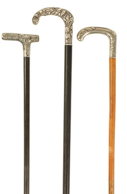 Lot 362 - A SELECTION OF THREE ART NOVEAU FRENCH SILVER TOPPED WALKING STICKS