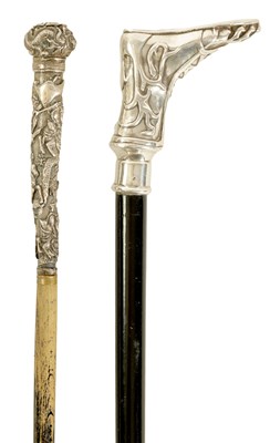 Lot 368 - TWO LATE 19TH CENTURY SILVER TOPPED WALKING STICKS