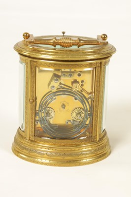 Lot 743 - MARGAINE. A 19TH CENTURY ENGRAVED OVAL REPEATING FRENCH CARRIAGE CLOCK