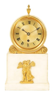 Lot 802 - RIGBY, CHARING CROSS, LONDON. A FINE REGENCY ENGLISH ORMOLU AND WHITE MARBLE  FUSEE MANTEL CLOCK