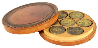 Lot 497 - AN UNUSUAL 19TH CENTURY SYCAMORE TREEN COIN HOLDER CONTAINING 'BLACK BOY' TOKENS