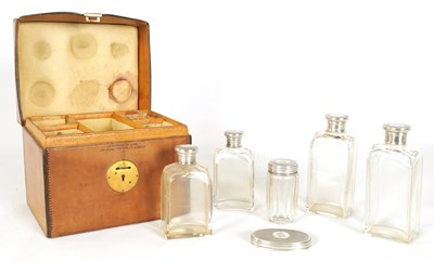 Lot 540 - A 19TH CENTURY LEATHER CASED GENTLEMAN'S SILVER-TOPPED DRESSING SET BY LEUCHARS & SON 38 & 39 PICCADILLY LONDON