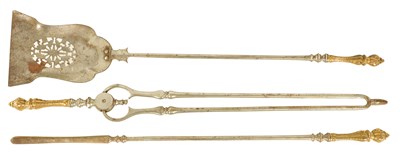 Lot 425 - A SET OF GEORGE III GILT BRASS AND STEEL FIRE IRONS