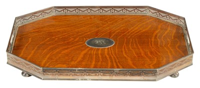 Lot 1380 - A 19TH CENTURY OAK AND SILVER PLATED TRAY