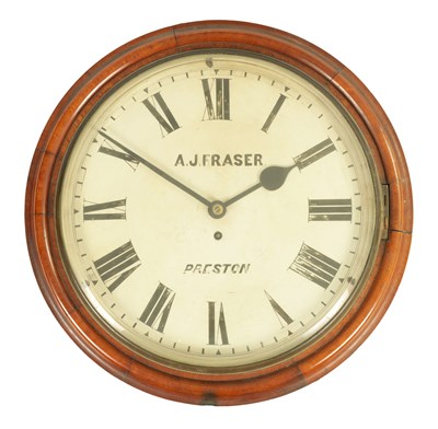 Lot 708 - A 19TH CENTURY 14" MAHOGANY FUSEE DIAL WALL CLOCK SIGNED A.J. FRASER PRESTON