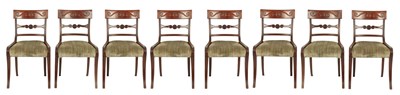 Lot 935 - A FINE SET OF EIGHT REGENCY MAHOGANY SABRE LEGGED DINING CHAIRS