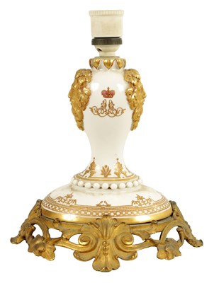 Lot 1352 - A 19TH CENTURY RUSSIAN PORCELAIN GILT HIGHLIGHTED AND ORMOLU-MOUNTED LAMP