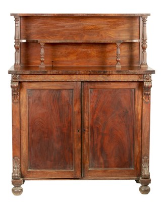 Lot 1043 - A WILLIAM IV FIGURED MAHOGANY SIDE CABINET IN THE MANNER OF GILLOWS