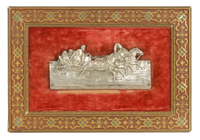 Lot 338 - A LATE 19TH CENTURY RUSSIAN SILVER PLAQUE DEPICTING COSSACKS ON A SLAY PULLED BY HORSES