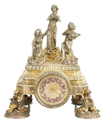 Lot 722 - A FINE 19TH CENTURY AUSTRIAN SILVER GILT AND JEWELLED FIGURAL MANTEL/BOUDOIR CLOCK