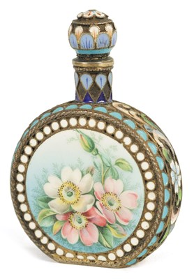 Lot 336 - A FINE LATE 19TH CENTURY RUSSIAN SILVER ENAMEL PERFUME BOTTLE