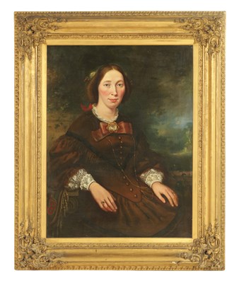 Lot 1112 - A 19TH-CENTURY OIL ON CANVAS - HALF-LENGTH PORTRAIT OF A YOUNG LADY