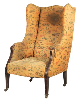 Lot 1065 - AN EDWARDIAN UPHOLSTERED INLAID MAHOGANY WINGBACK ARMCHAIR