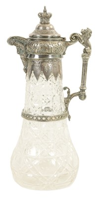Lot 16 - A LATE 19TH CENTURY CUT GLASS SILVER PLATED CLARET JUG