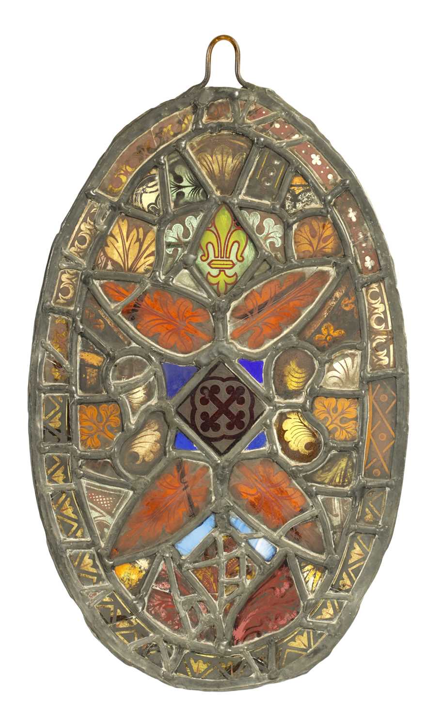 Lot 464 - AN 18TH CENTURY STAINED GLASS PANEL WITH FRAGMENTS OF GLASS FROM EARLIER WINDOWS