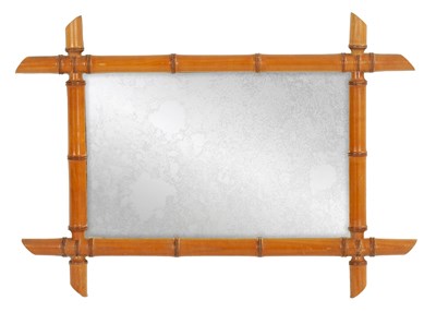 Lot 1266 - A 19TH CENTURY FAUX BAMBOO FRAMED HANGING MIRROR OF SMALL SIZE