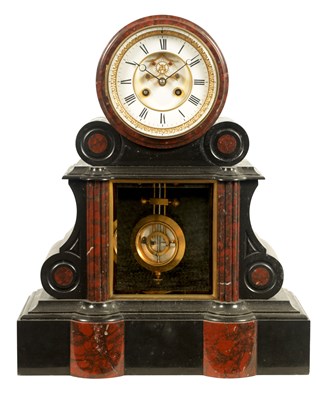 Lot 1223 - A 19TH CENTURY BLACK SLATE AND ROUGE MARBLE FRENCH MANTEL CLOCK