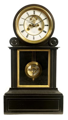 Lot 1081 - A 19TH CENTURY FRENCH BLACK SLATE MANTEL CLOCK