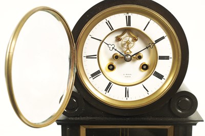 Lot 1081 - A 19TH CENTURY FRENCH BLACK SLATE MANTEL CLOCK