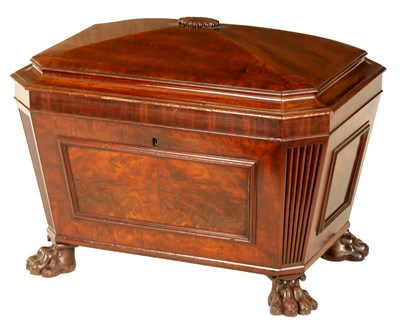 Lot 944 - A FINE LATE REGENCY FIGURED MAHOGANY SARCOPHAGUS WINE COOLER