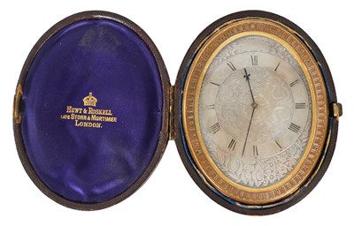 Lot 723 - ATT. TO THOMAS COLE. A 19TH CENTURY CASED ENGRAVED GILT BRASS STRUT CLOCK RETAILED BY HUNT AND ROSKELL, LONDON