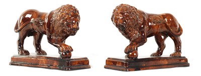 Lot 33 - A GOOD PAIR OF 19TH CENTURY TREACLE GLAZED TERRACOTTA MEDICI LIONS