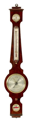 Lot 1329 - A 19TH CENTURY FIGURED MAHOGANY 6” WHEEL BAROMETER SIGNED DOLLAND, LONDON