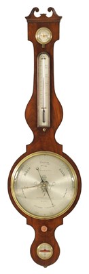 Lot 1165 - A 19TH CENTURY FIGURED MAHOGANY 10" WHEEL BAROMETER SIGNED F. AMADIO, LONDON