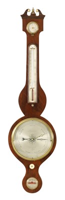 Lot 1274 - A 19TH CENTURY FIGURED MAHOGANY 8" WHEEL BAROMETER SIGNED F. AMADIO, LONDON