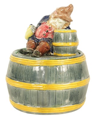 Lot 29 - A COLOURFUL 19TH CENTURY CONTINENTAL MAJOLICA TOBACCO JAR/MATCH HOLDER