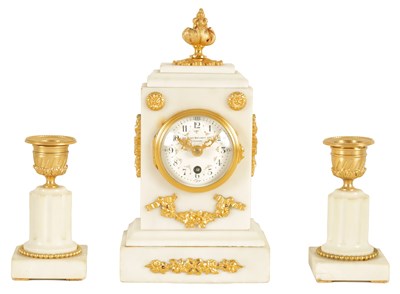 Lot 1116 - A SMALL LATE 19TH CENTURY FRENCH ORMOLU MOUNTED WHITE MARBLE CLOCK GARNITURE S`ET