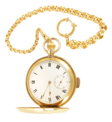 Lot 336 - AN EARLY 20TH CENTURY GOLD FILLED FULL HUNTER QUARTER REPEATING POCKET WATCH WITH MATCHING GUARD CHAIN