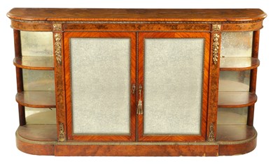 Lot 941 - GILLOWS LANCASTER. A FINE 19TH CENTURY ORMOLU MOUNTED BURR WALNUT AND KINGWOOD MIRRORED DOOR CREDENZA/SIDE CABINET